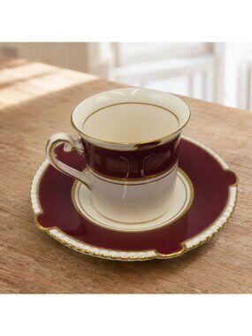 Soho Pottery Ambassador Ware Demitasse Cup Saucer Maroon Gold Vintage 1930s